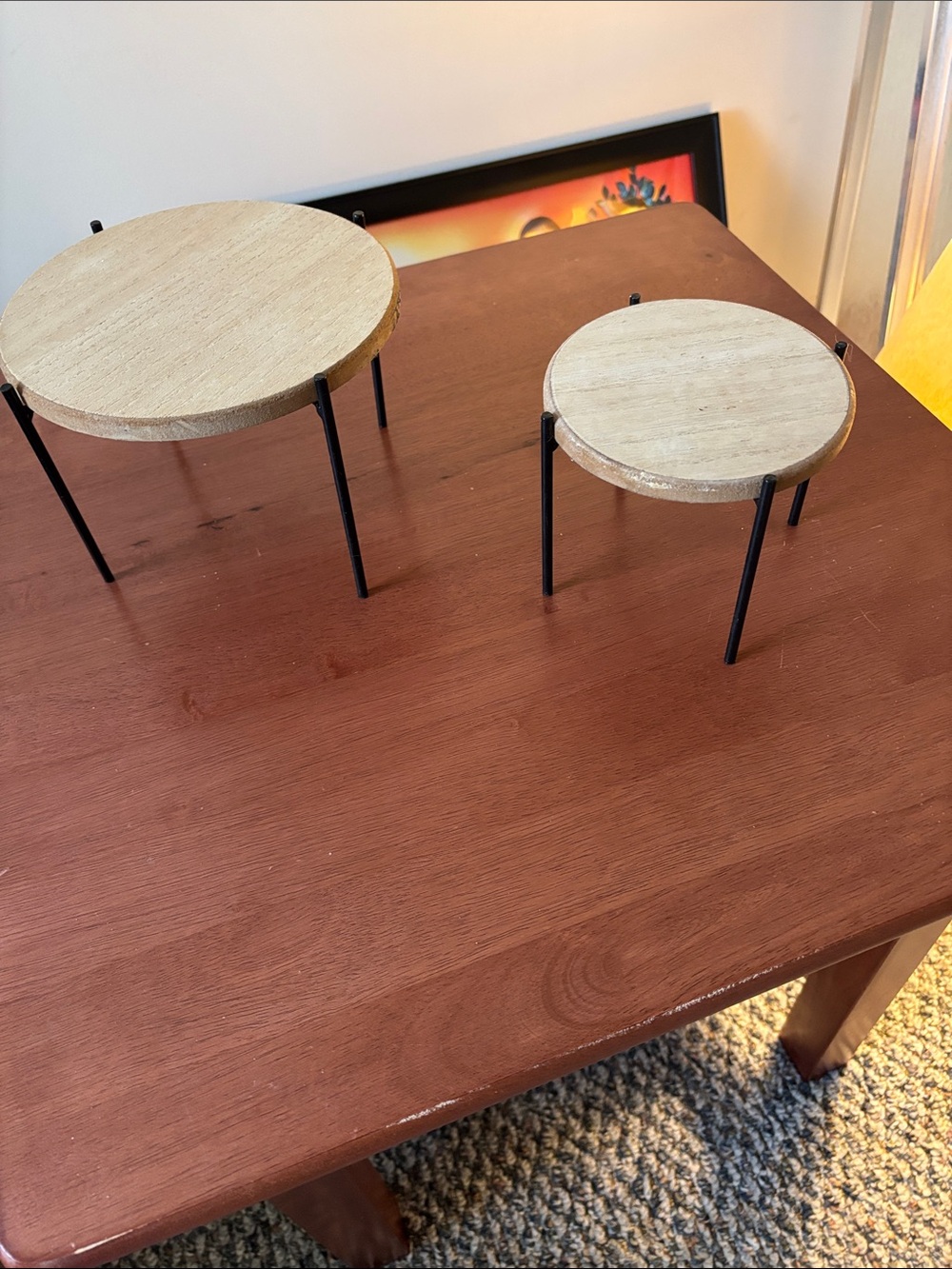 Set of Two Round Wood Display Stands with Black Metal Legs